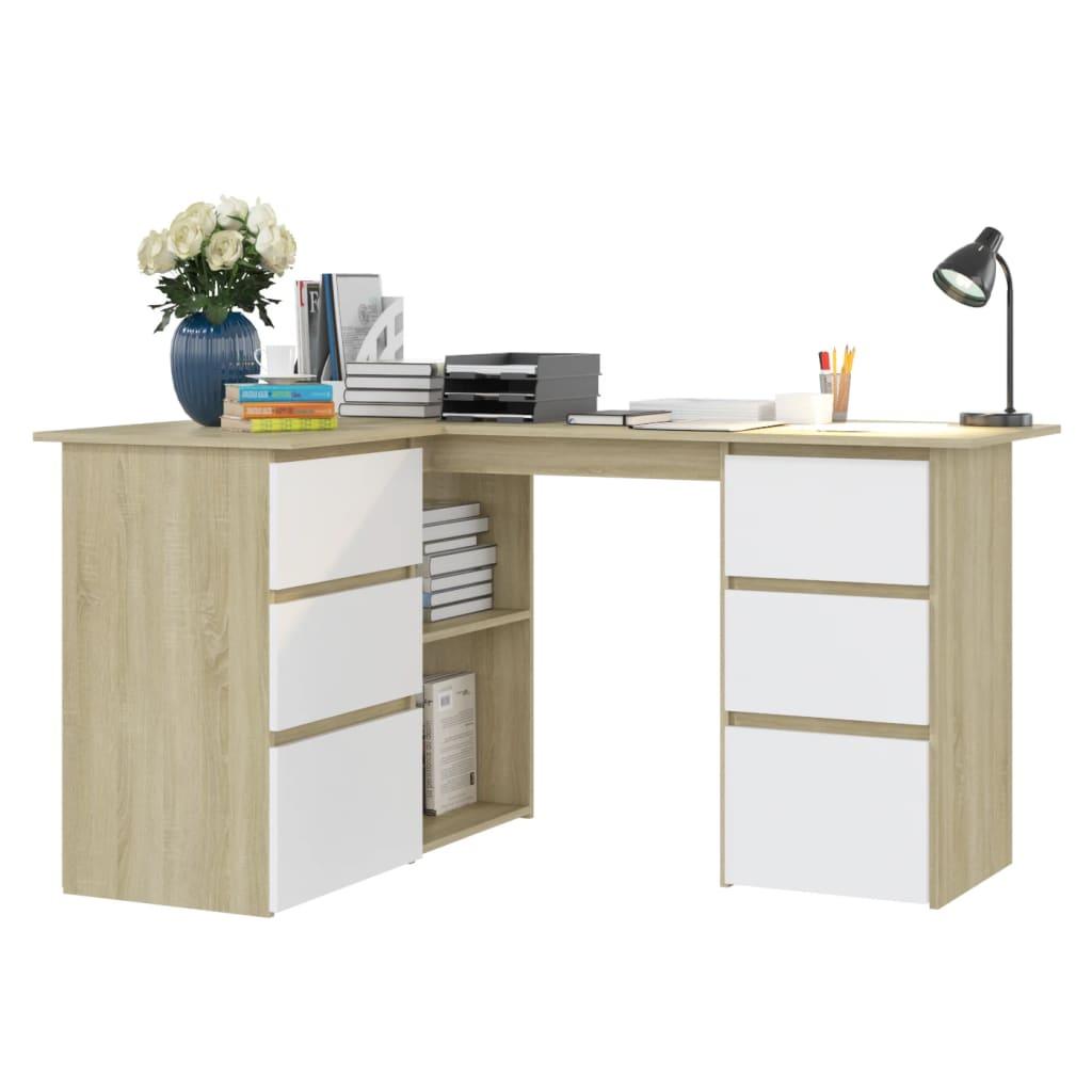 Corner Desk White and Sonoma Oak 57.1"x39.4"x29.9" Engineered Wood at Set Shop and Smile