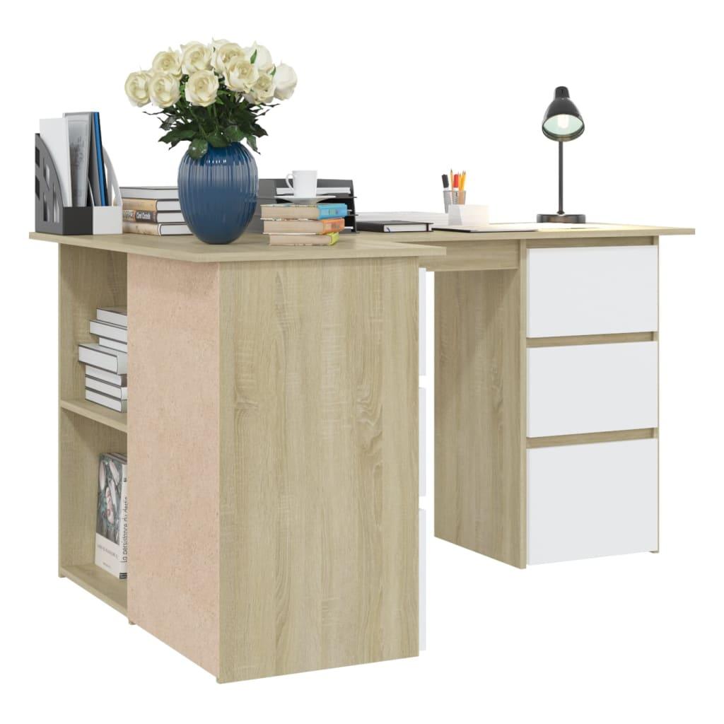 Corner Desk White and Sonoma Oak 57.1"x39.4"x29.9" Engineered Wood at Set Shop and Smile