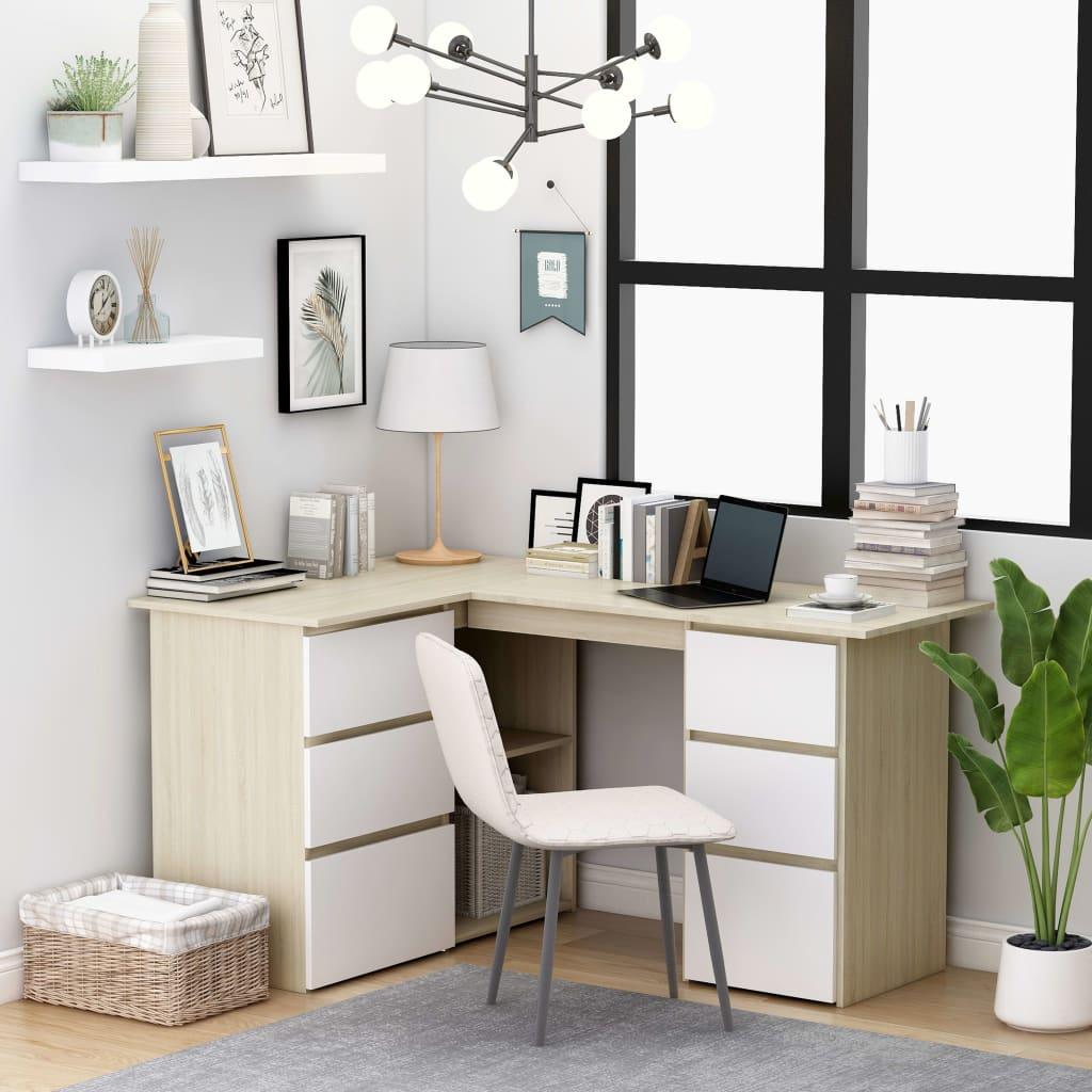 Corner Desk White and Sonoma Oak 57.1"x39.4"x29.9" Engineered Wood at Set Shop and Smile