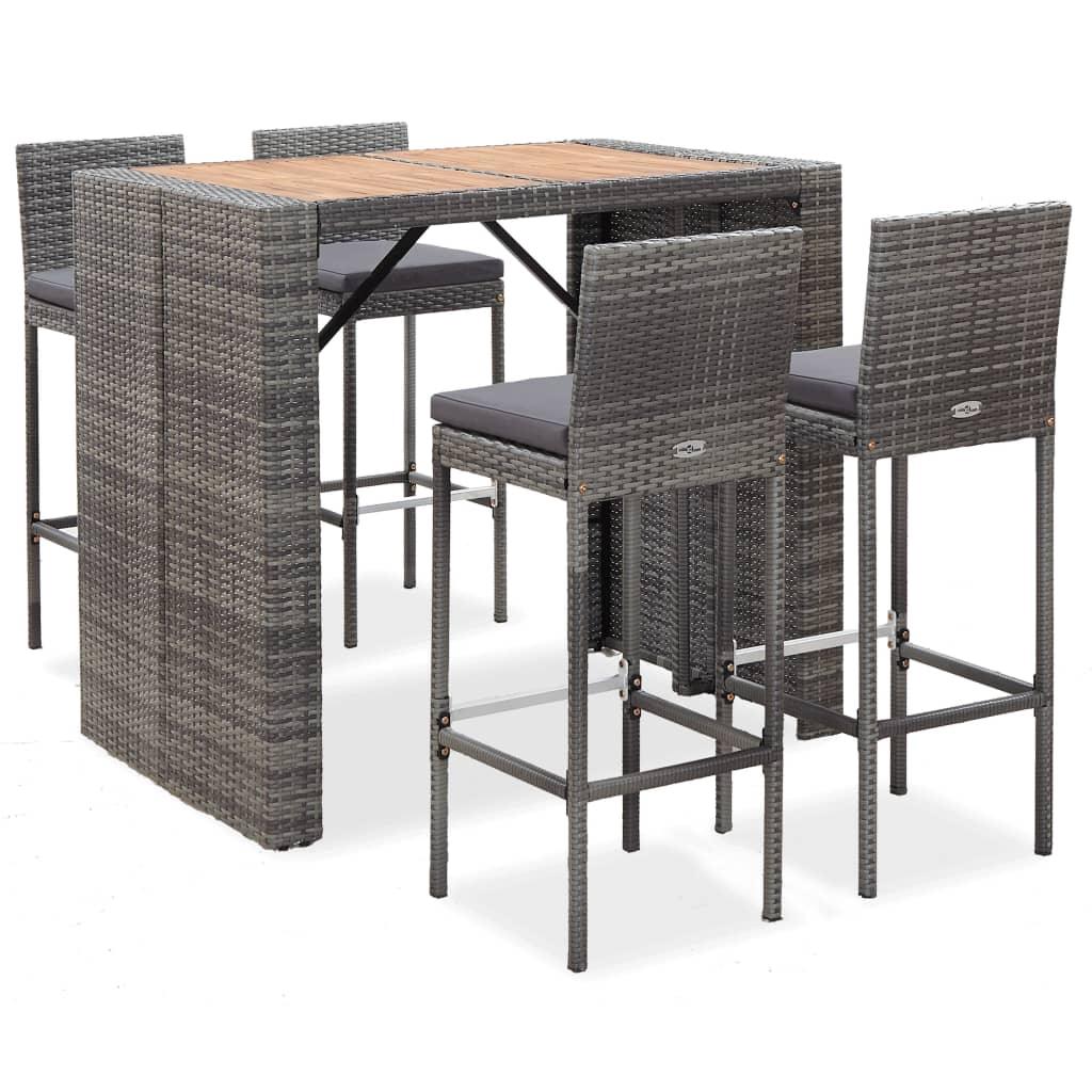 5 Piece Patio Bar Set Poly Rattan and Acacia Wood Gray at Set Shop and Smile