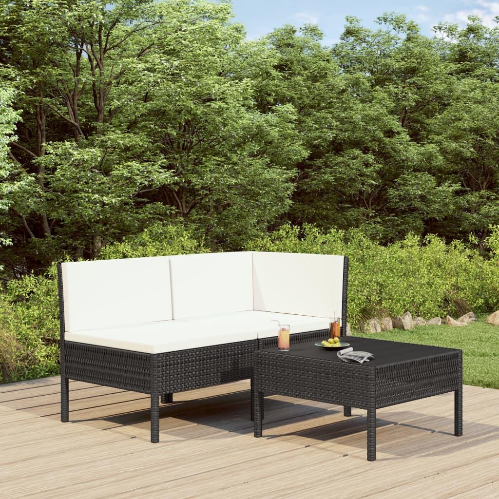 3 Piece Patio Lounge Set with Cushions Poly Rattan Black at Set Shop and Smile