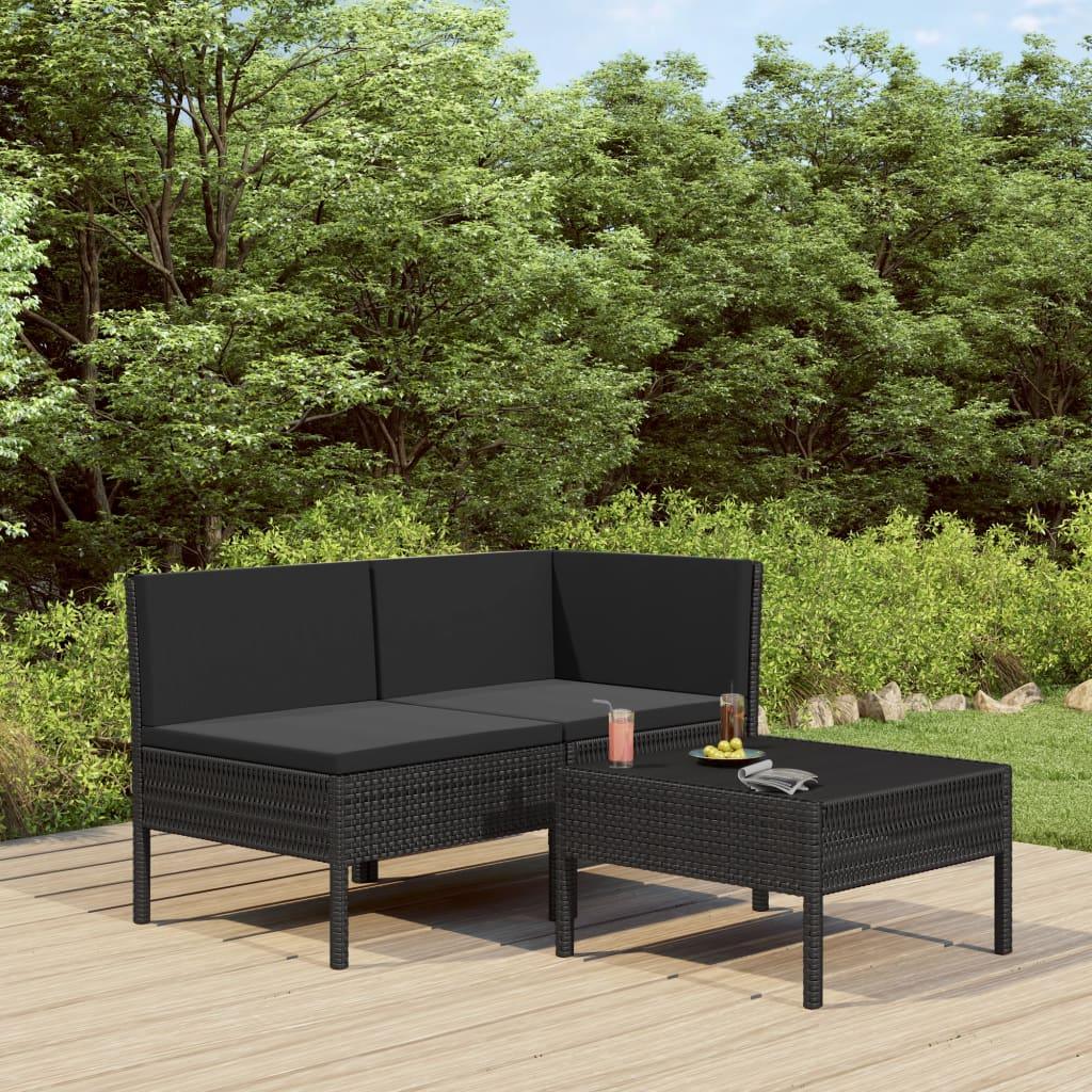 3 Piece Patio Lounge Set with Cushions Poly Rattan Black at Set Shop and Smile