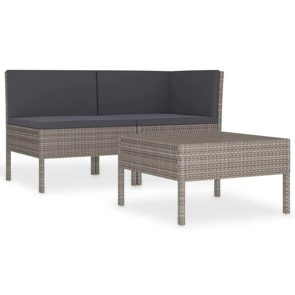 3 Piece Patio Lounge Set with Cushions Poly Rattan Gray at Set Shop and Smile