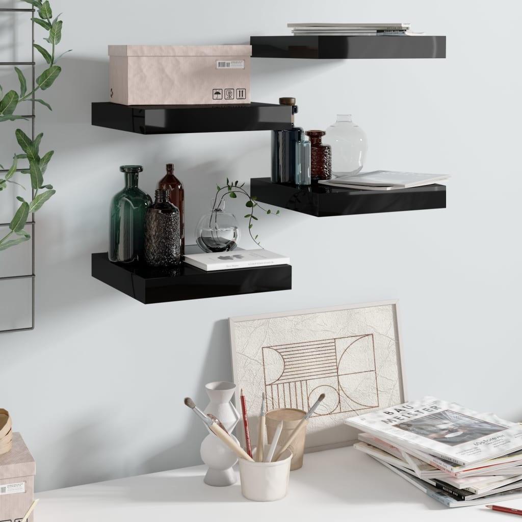 Floating Wall Shelves 4 pcs High Gloss Black 9.1"x9.3"x1.5" MDF at Set Shop and Smile