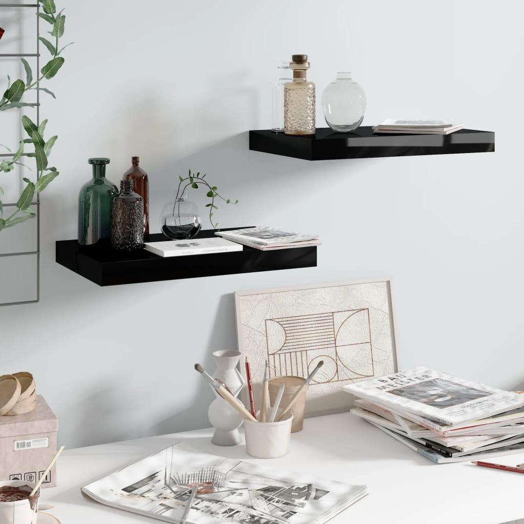 Floating Wall Shelves 2 pcs High Gloss Black 15.7"x9.1"x1.5" MDF at Set Shop and Smile