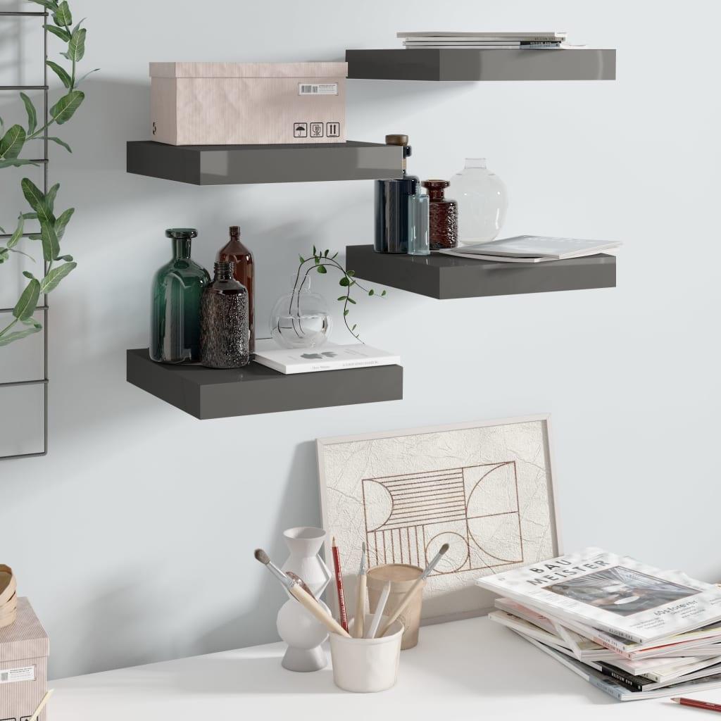 Floating Wall Shelves 4 pcs High Gloss Gray 9.1"x9.3"x1.5" MDF at Set Shop and Smile
