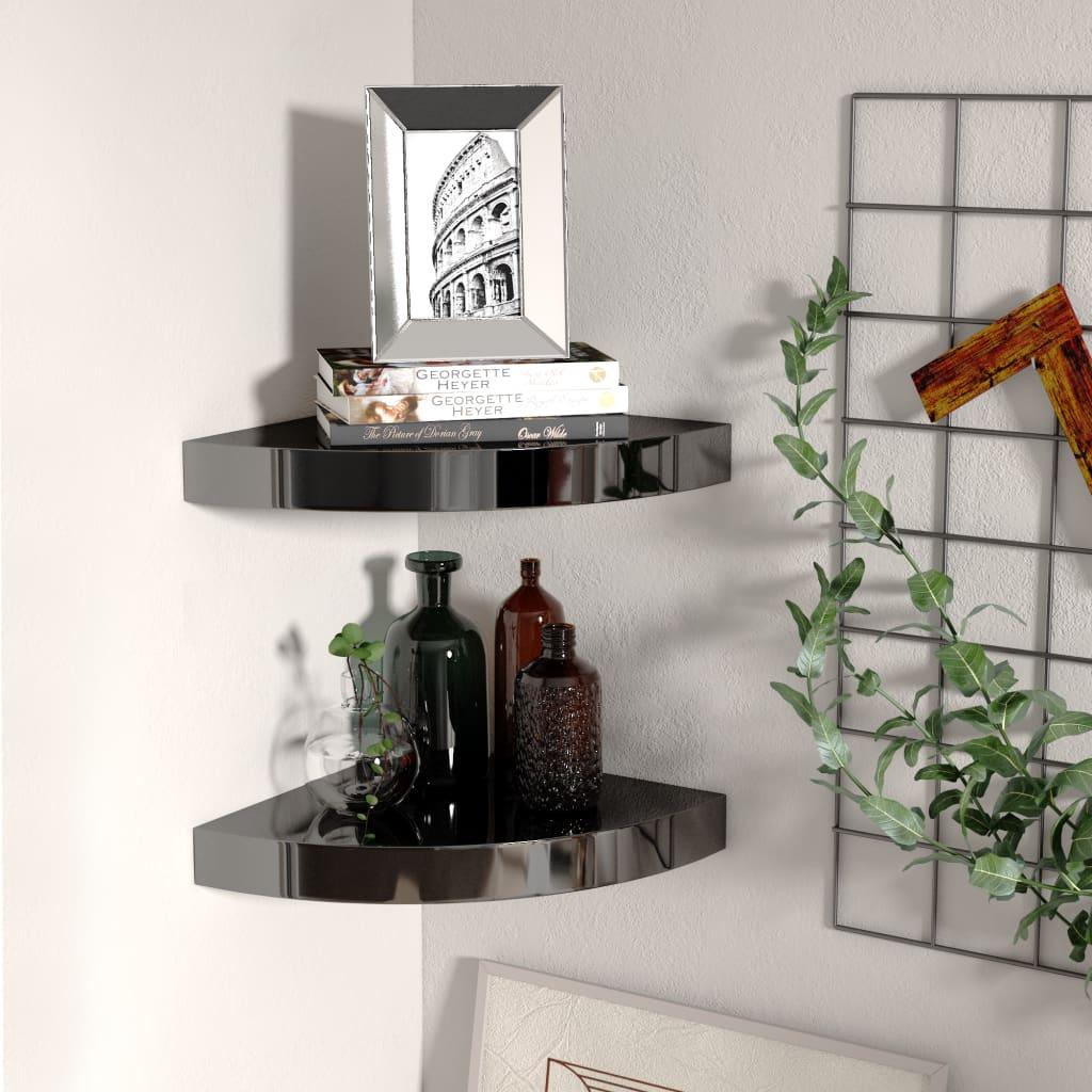 Floating Corner Shelves 2 pcs High Gloss Black 9.8"x9.8"x1.5" MDF at Set Shop and Smile