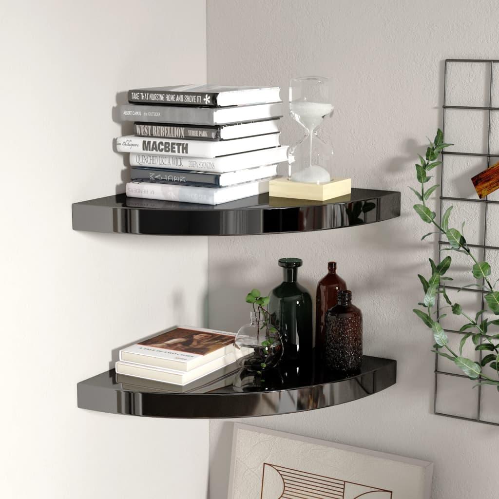 Floating Corner Shelves 2 pcs High Gloss Black 13.8"x13.8"x1.5" MDF at Set Shop and Smile