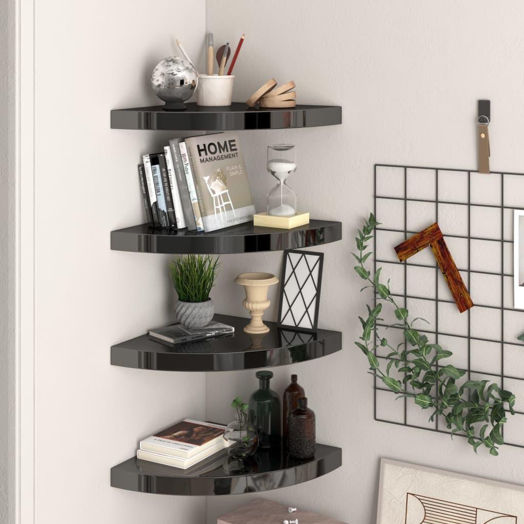 Floating Corner Shelves 4 pcs High Gloss Black 13.8"x13.8"x1.5" MDF at Set Shop and Smile