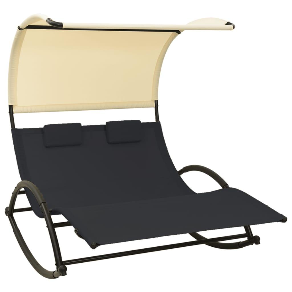 Double Sun Lounger with Canopy Textilene Black and Cream at Set Shop and Smile