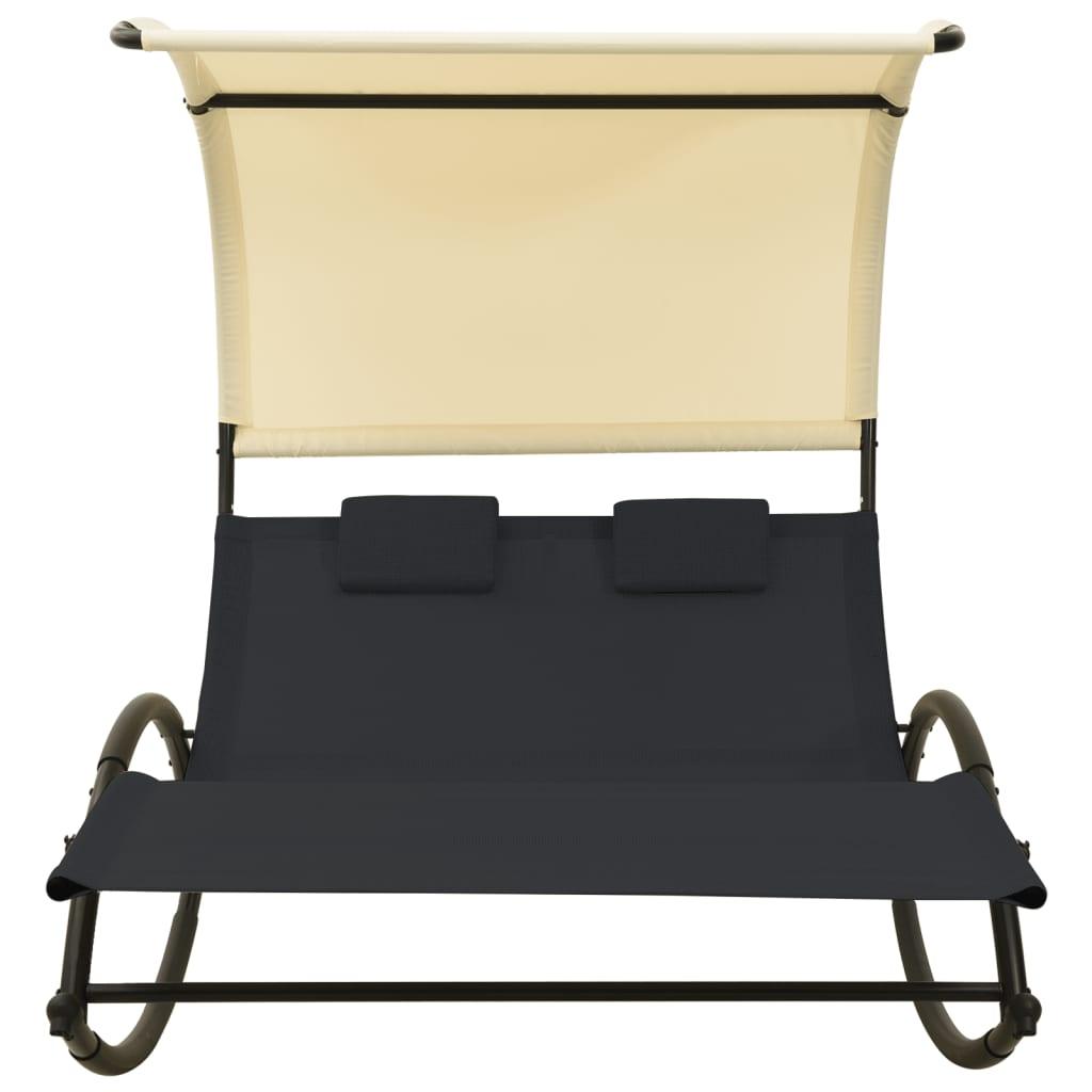 Double Sun Lounger with Canopy Textilene Black and Cream at Set Shop and Smile