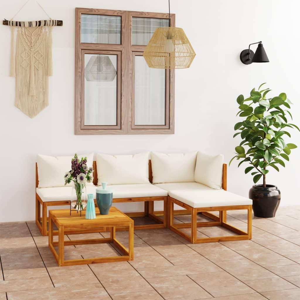5 Piece Patio Lounge Set with Cushion Cream Solid Acacia Wood at Set Shop and Smile