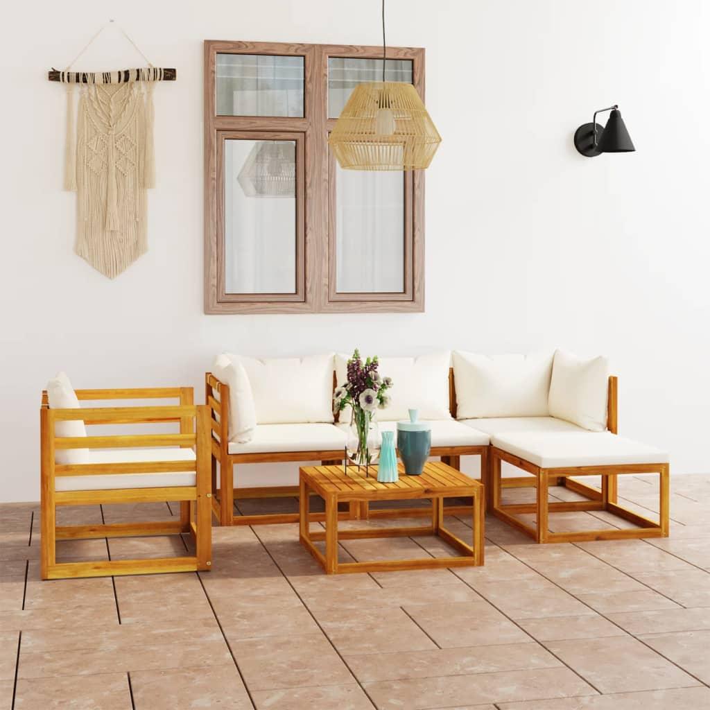 6 Piece Patio Lounge Set with Cushion Cream Solid Acacia Wood at Set Shop and Smile
