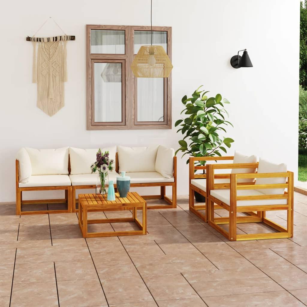 6 Piece Patio Lounge Set with Cushion Cream Solid Acacia Wood at Set Shop and Smile