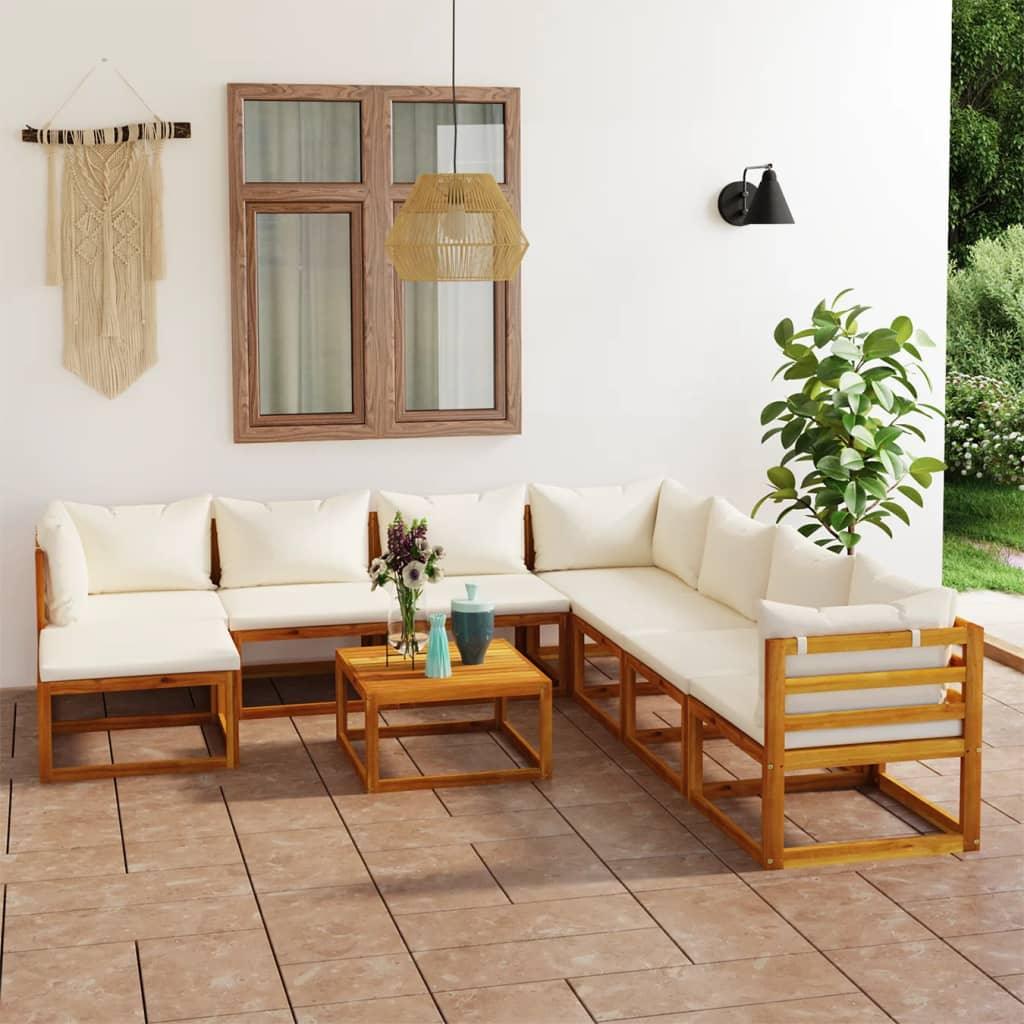 9 Piece Patio Lounge Set with Cushion Cream Solid Acacia Wood at Set Shop and Smile