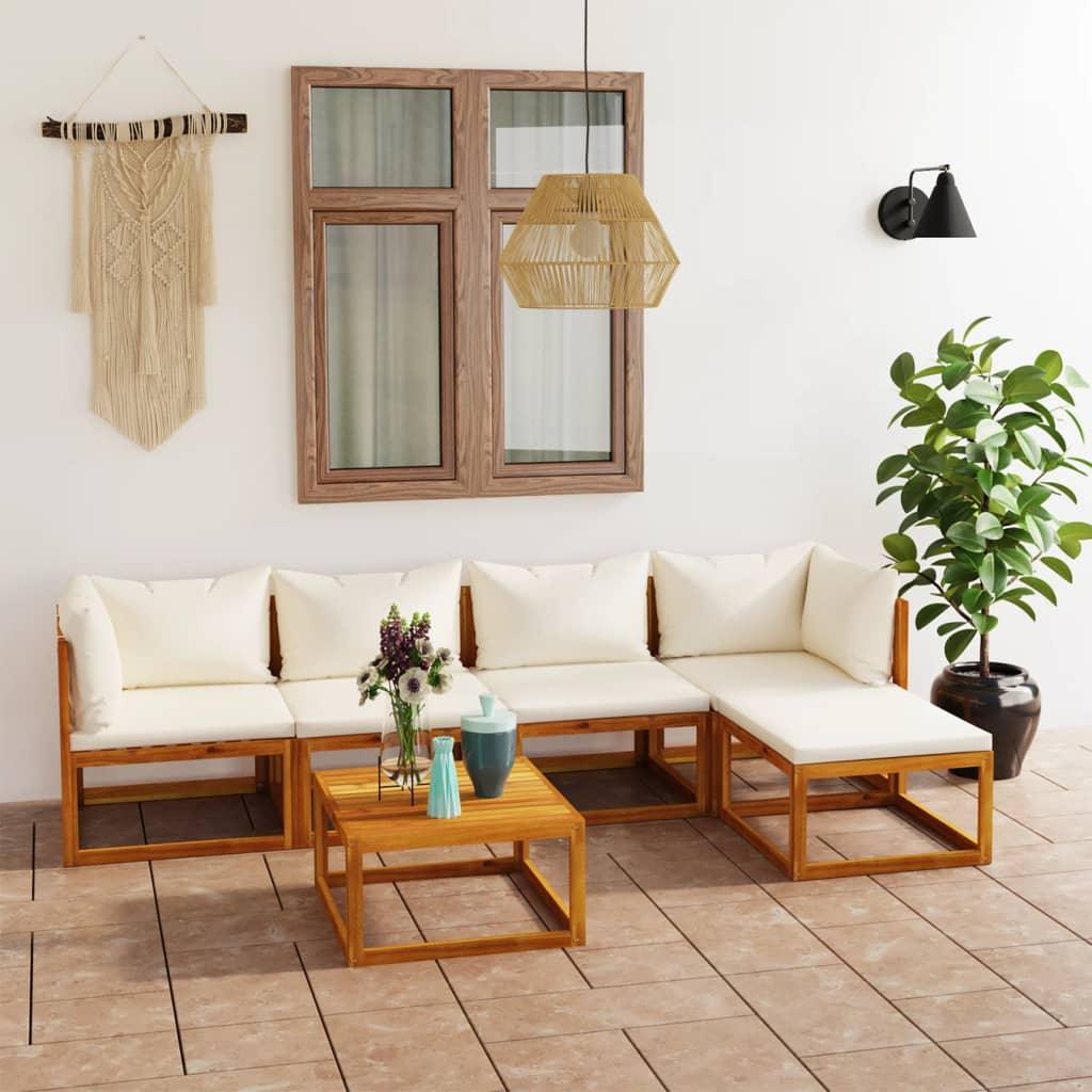 6 Piece Patio Lounge Set with Cushion Cream Solid Acacia Wood at Set Shop and Smile