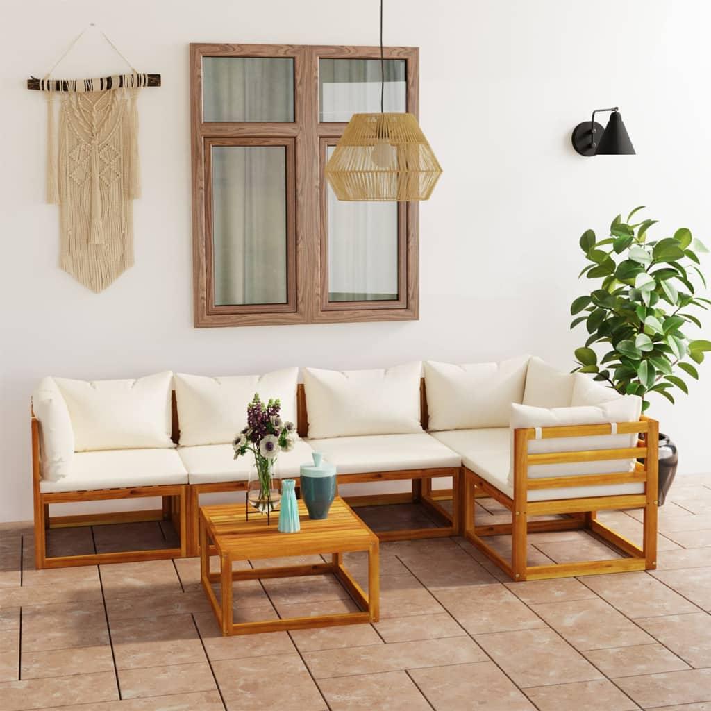 6 Piece Patio Lounge Set with Cushion Cream Solid Acacia Wood at Set Shop and Smile
