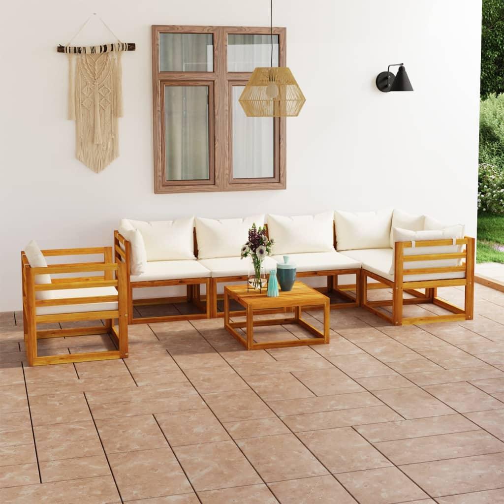 7 Piece Patio Lounge Set with Cushion Cream Solid Acacia Wood at Set Shop and Smile