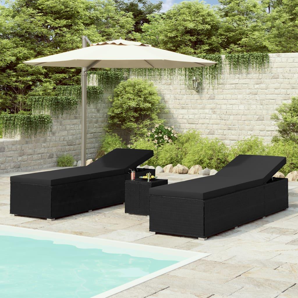 3 Piece Patio Sun Loungers with Tea Table Poly Rattan Black at Set Shop and Smile