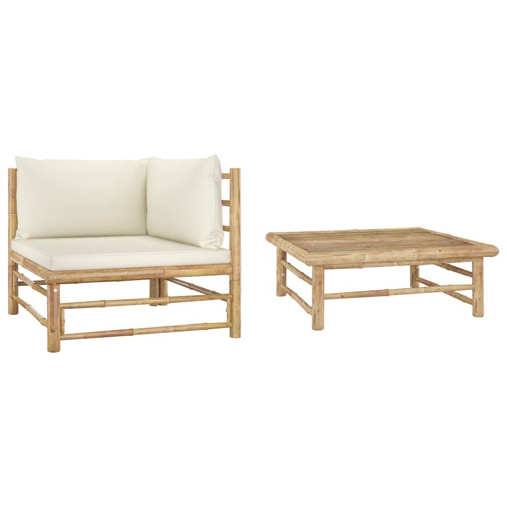 2 Piece Patio Lounge Set with Cream White Cushions Bamboo at Set Shop and Smile