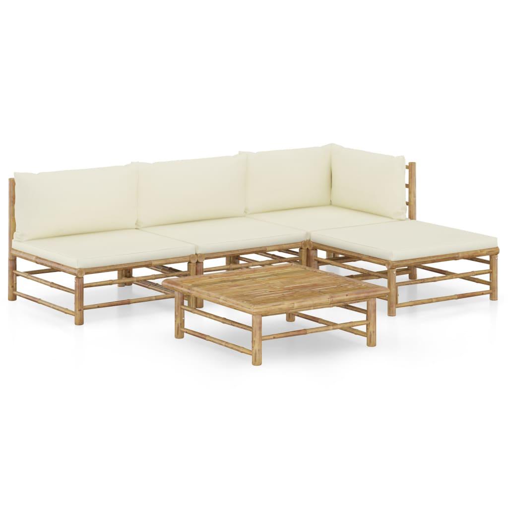 5 Piece Patio Lounge Set with Cream White Cushions Bamboo at Set Shop and Smile