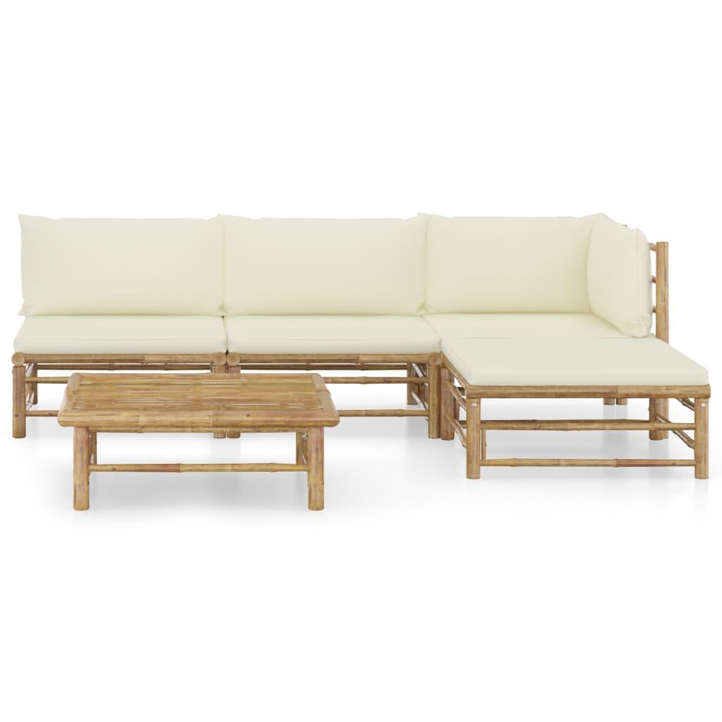 5 Piece Patio Lounge Set with Cream White Cushions Bamboo at Set Shop and Smile