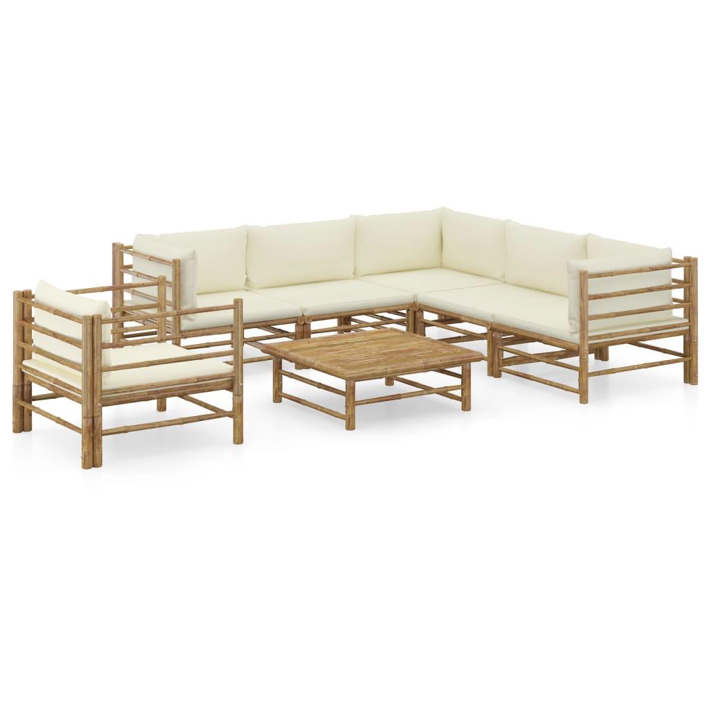 7 Piece Patio Lounge Set with Cream White Cushions Bamboo at Set Shop and Smile