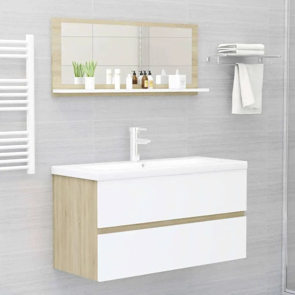 Bathroom Mirror White and Sonoma Oak 35.4"x4.1"x14.6" Engineered Wood at Set Shop and Smile