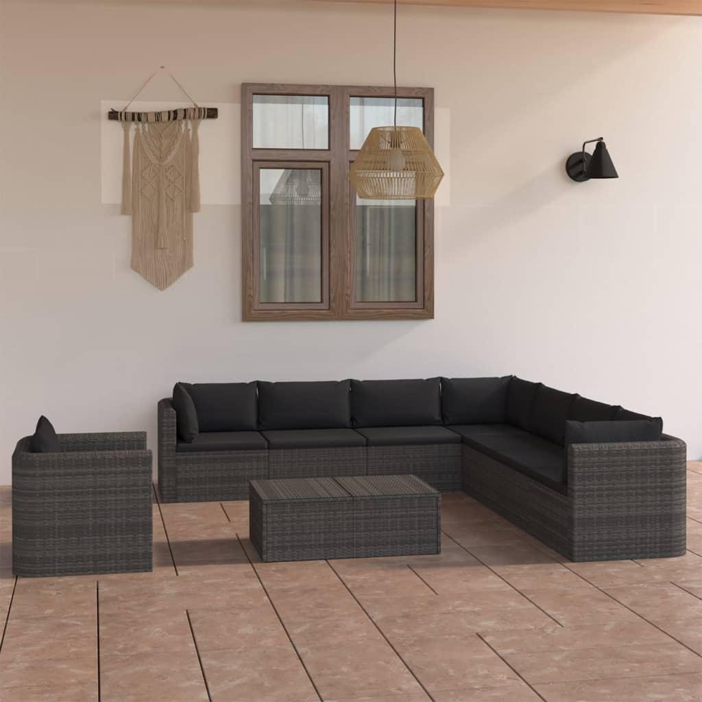 9 Piece Patio Lounge Set with Cushions Poly Rattan Gray at Set Shop and Smile