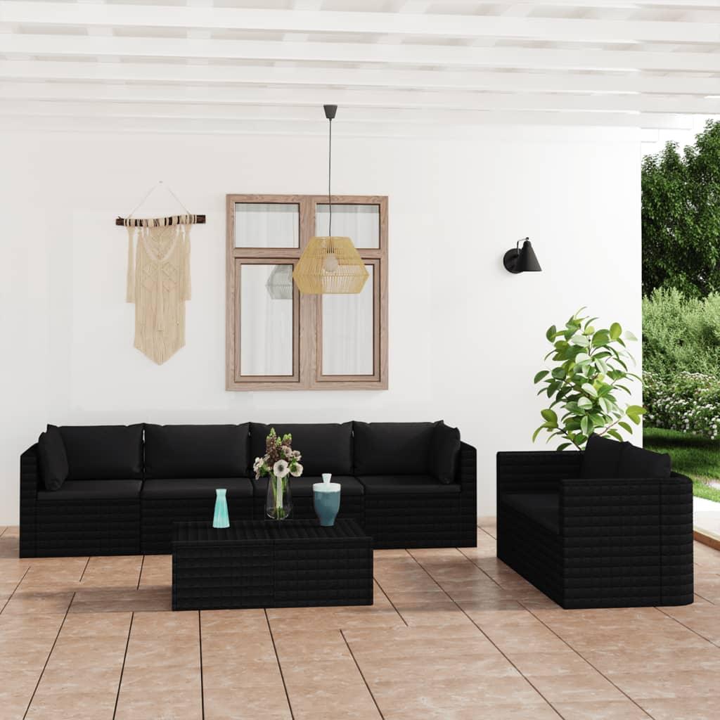 7 Piece Patio Lounge Set with Cushions Poly Rattan Black at Set Shop and Smile