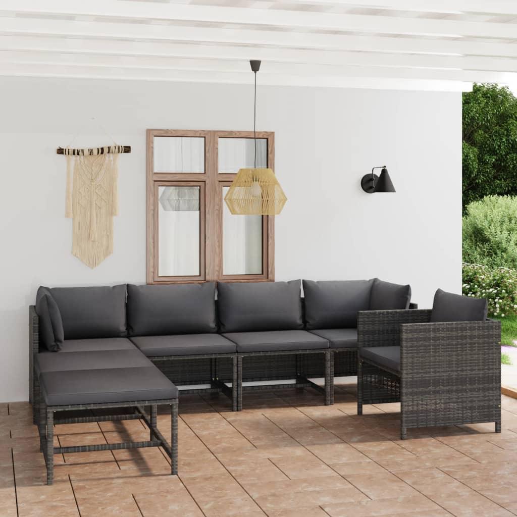 7 Piece Patio Lounge Set with Cushions Poly Rattan Gray at Set Shop and Smile