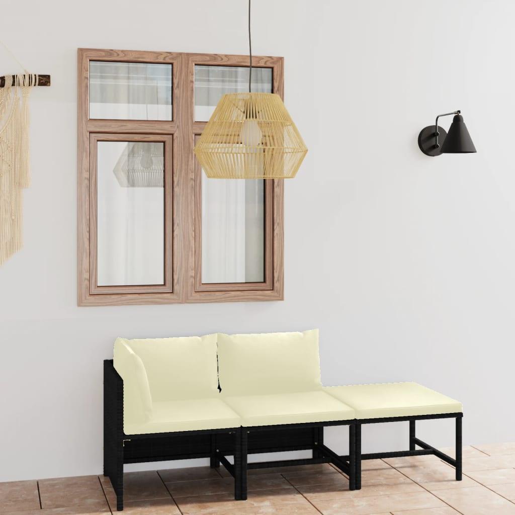 3 Piece Patio Lounge Set with Cushions Poly Rattan Black at Set Shop and Smile