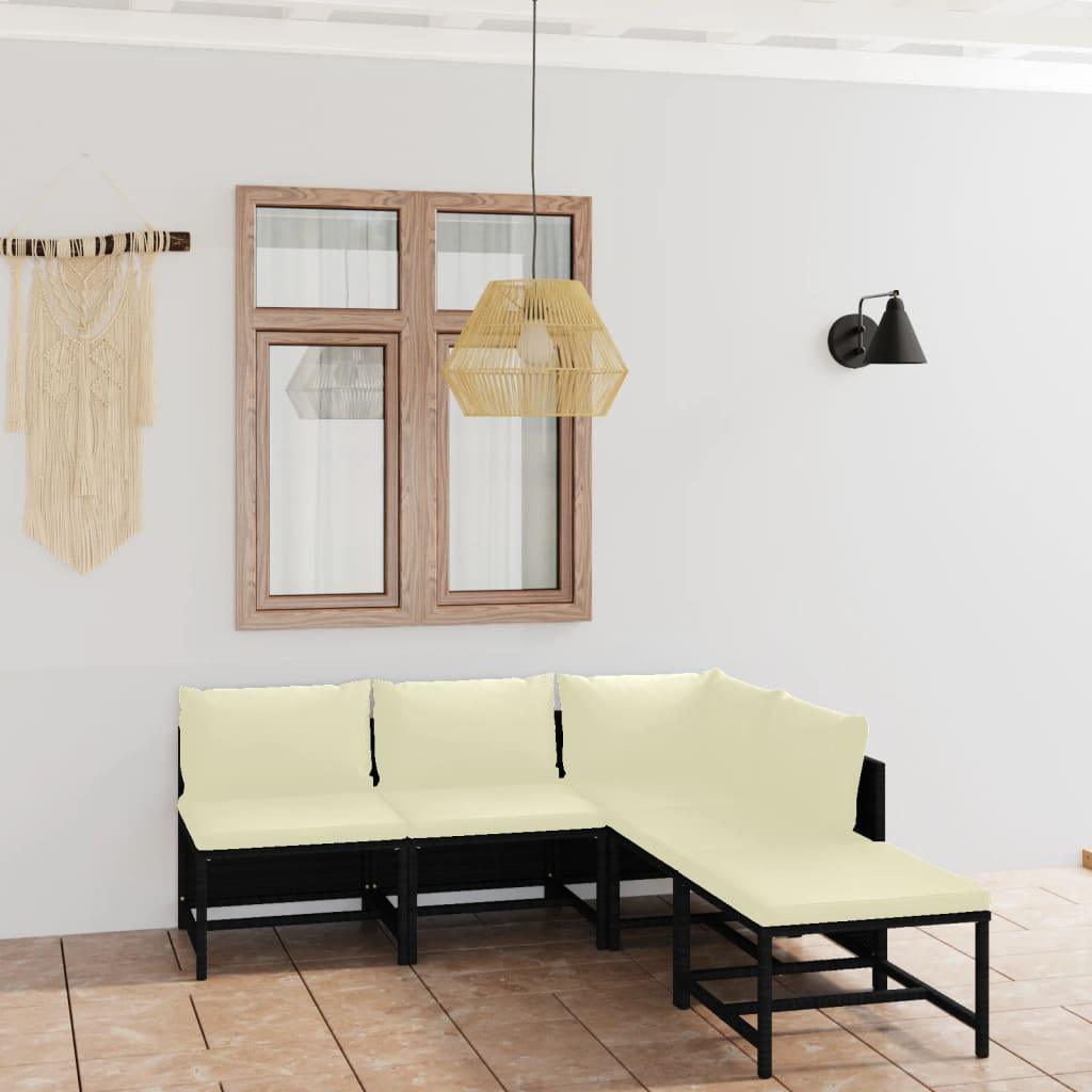 5 Piece Patio Lounge Set with Cushions Poly Rattan Black at Set Shop and Smile