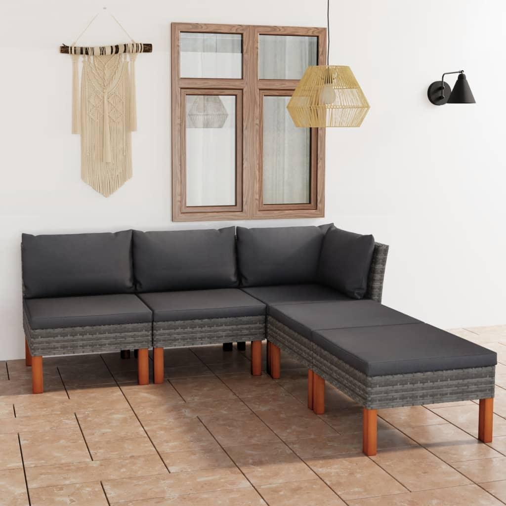 5 Piece Patio Lounge Set with Cushions Poly Rattan Gray at Set Shop and Smile