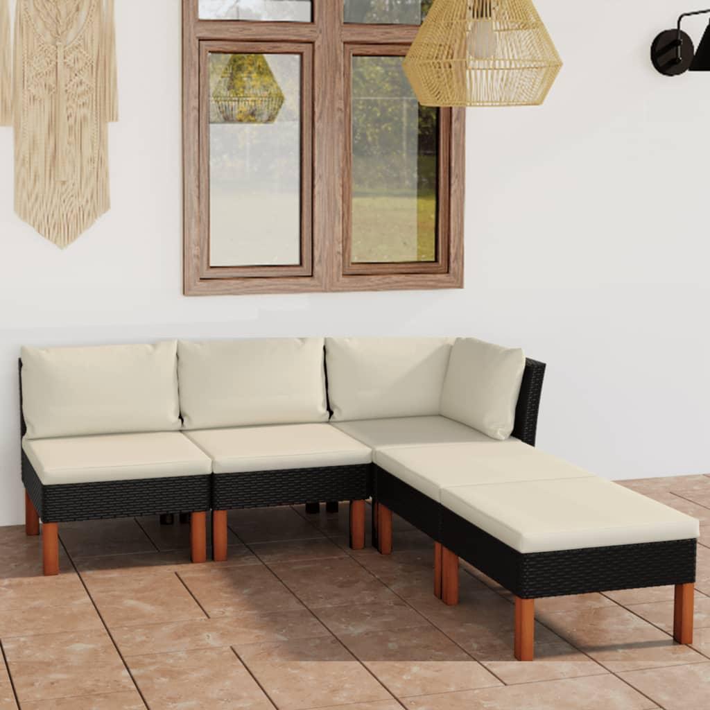 5 Piece Patio Lounge Set with Cushions Poly Rattan Black at Set Shop and Smile