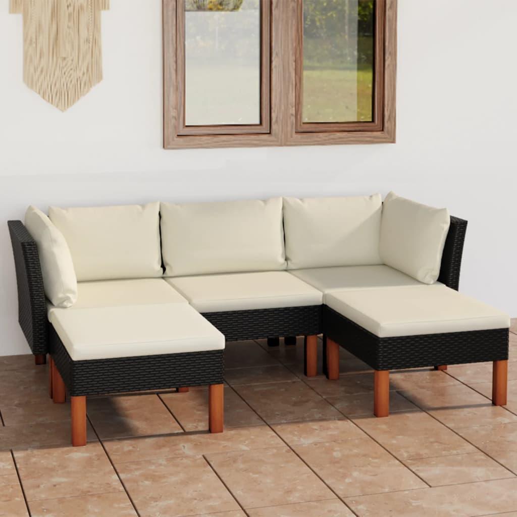 5 Piece Patio Lounge Set with Cushions Poly Rattan Black at Set Shop and Smile