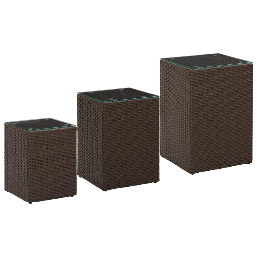 Side Tables 3 pcs with Glass Top Brown Poly Rattan at Set Shop and Smile