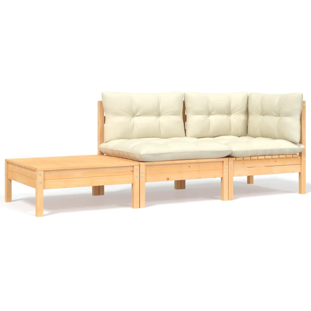 3 Piece Patio Lounge Set with Cream Cushions Solid Pinewood at Set Shop and Smile