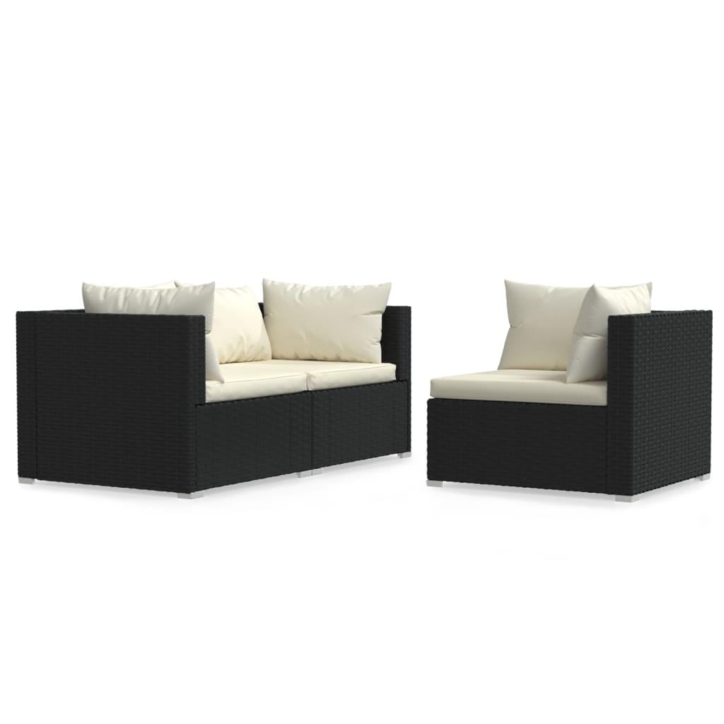 3 Piece Patio Lounge Set with Cushions Black Poly Rattan at Set Shop and Smile