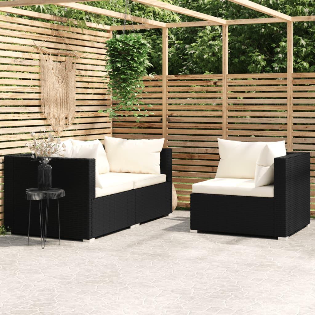 3 Piece Patio Lounge Set with Cushions Black Poly Rattan at Set Shop and Smile
