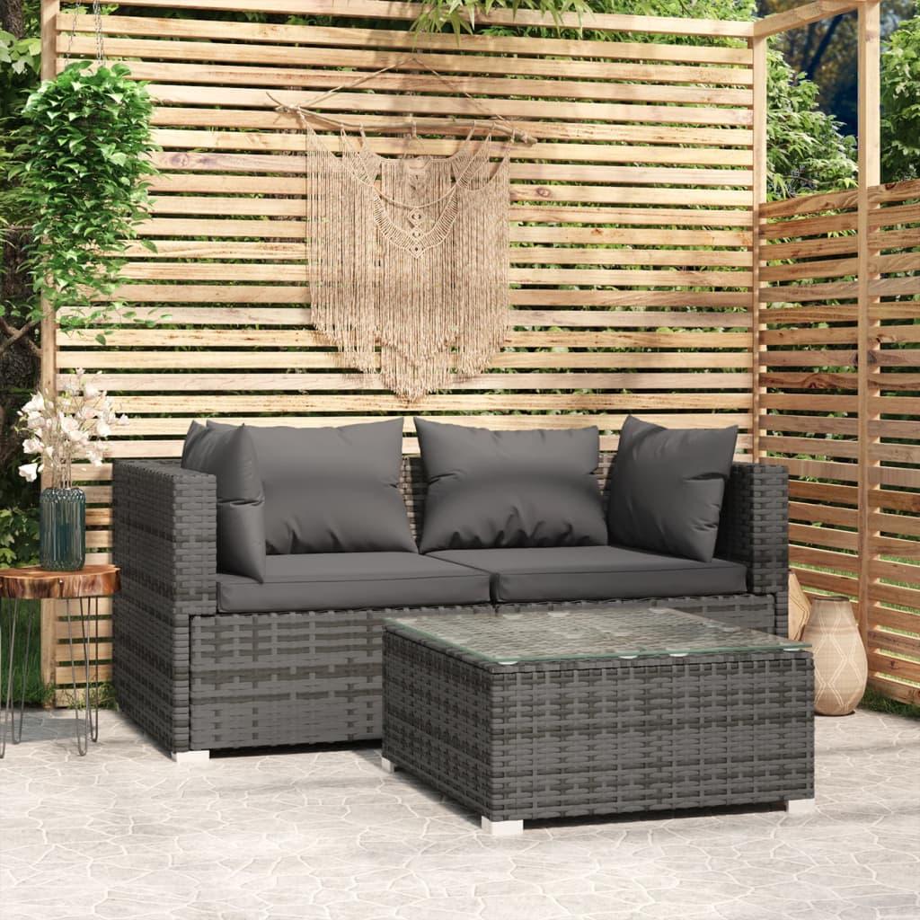 Patio Furniture Set 3 Piece with Cushions Gray Poly Rattan at Set Shop and Smile