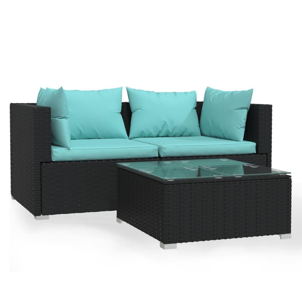 3 Piece Patio Lounge Set with Cushions Black Poly Rattan at Set Shop and Smile