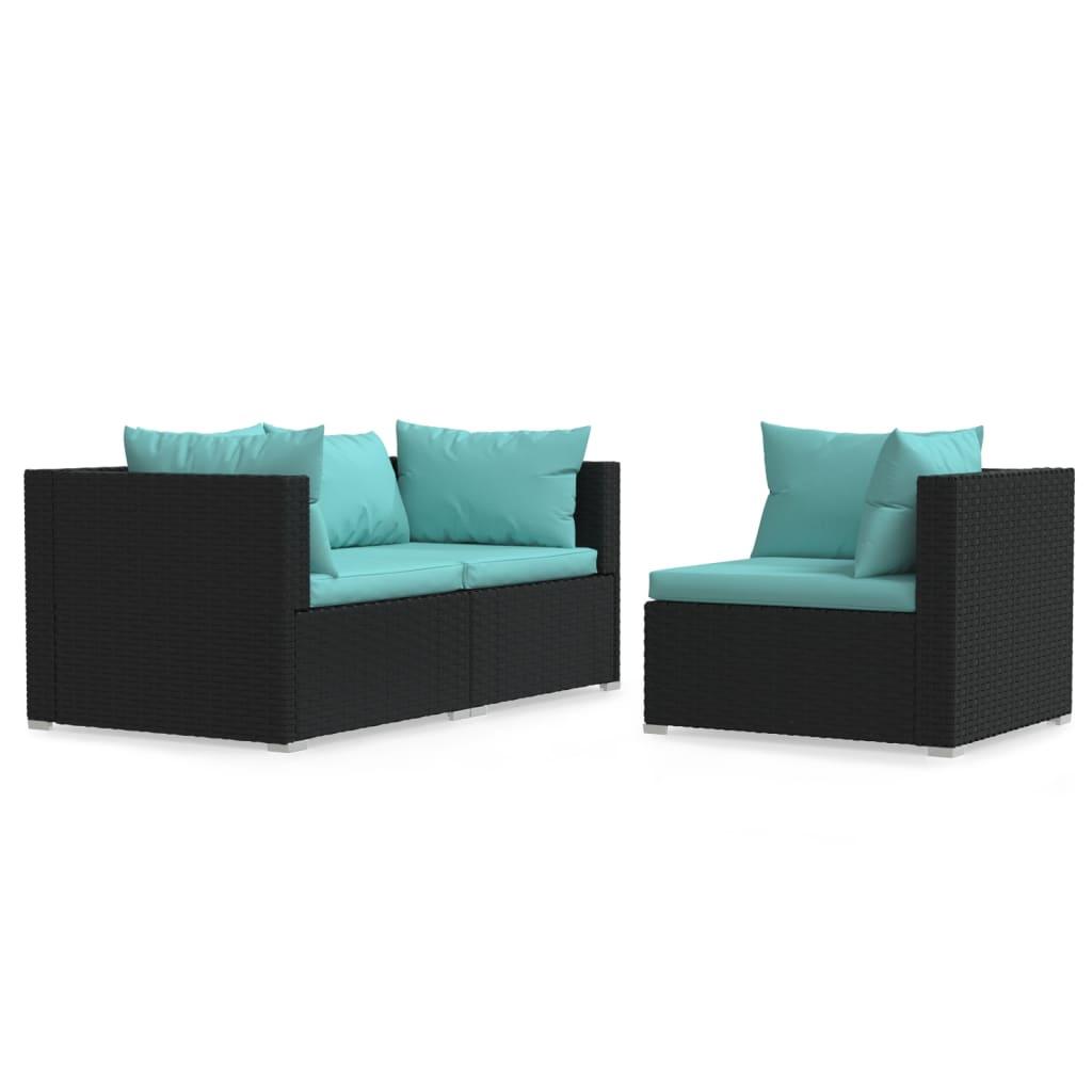 3 Piece Patio Lounge Set with Cushions Black Poly Rattan at Set Shop and Smile