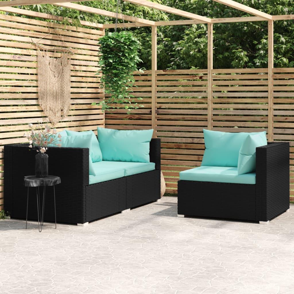3 Piece Patio Lounge Set with Cushions Black Poly Rattan at Set Shop and Smile