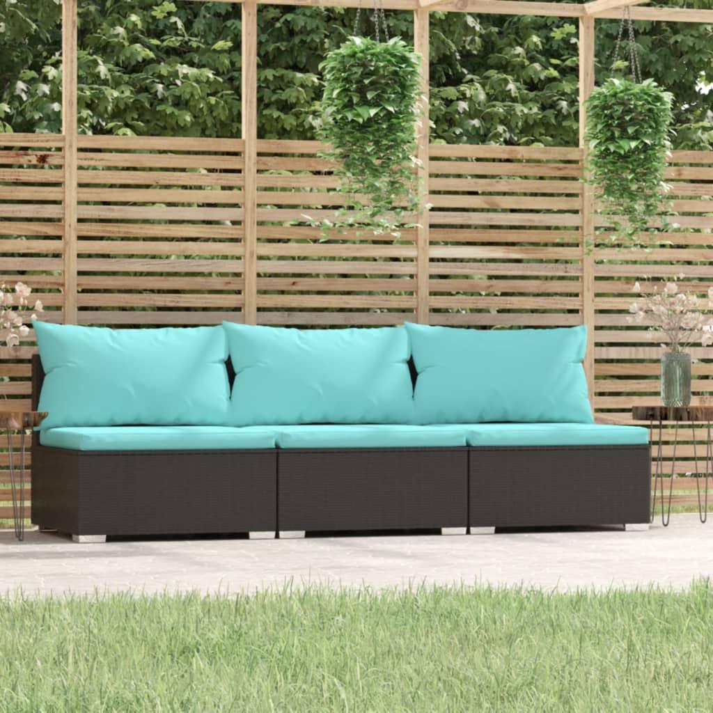 3-Seater Sofa with Cushions Black Poly Rattan at Set Shop and Smile