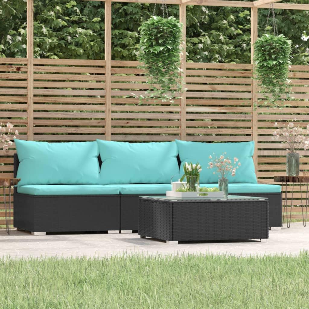 4 Piece Patio Lounge Set with Cushions Black Poly Rattan at Set Shop and Smile