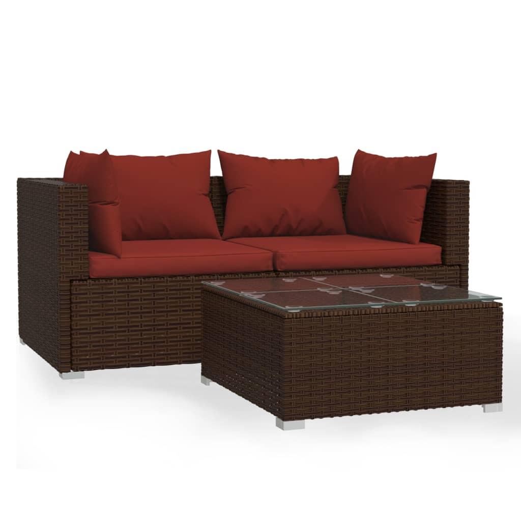 3 Piece Patio Lounge Set with Cushions Brown Poly Rattan at Set Shop and Smile