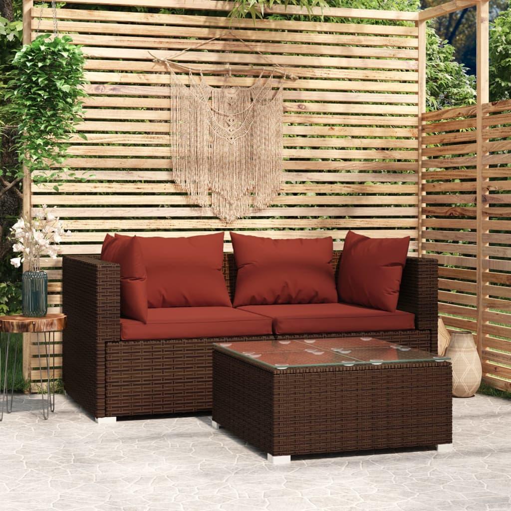 3 Piece Patio Lounge Set with Cushions Brown Poly Rattan at Set Shop and Smile