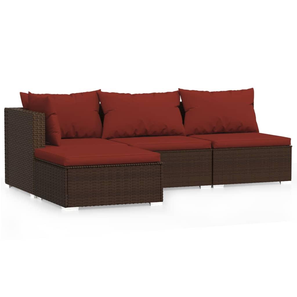 4 Piece Patio Lounge Set with Cushions Brown Poly Rattan at Set Shop and Smile