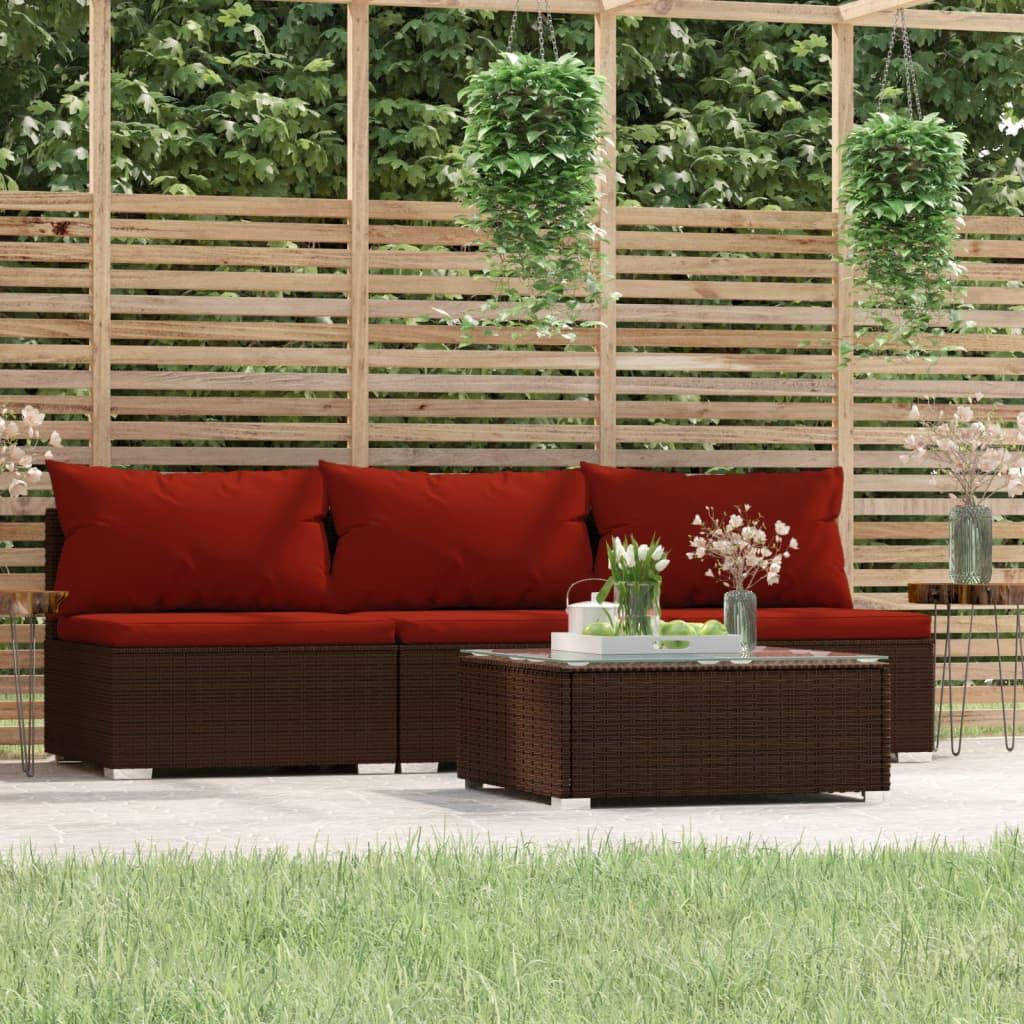 4 Piece Patio Lounge Set with Cushions Brown Poly Rattan at Set Shop and Smile